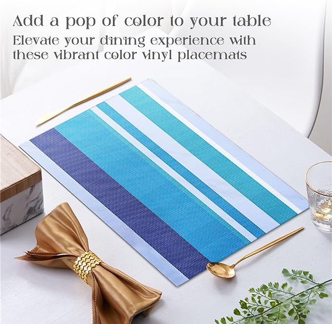 Set of 6 Colorful Striped Vinyl Placemats Heat-Resistant Washable Placemats Non-Slip Woven Table Mats Wipeable Placemat for Kitchen Dining Table Decoration Indoor Outdoor (Ocean Blue)