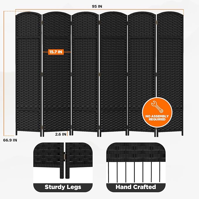 Room Divider 6 Panel Screen 5.6 Ft Tall Partition Room Dividers Black Privacy Screens Folding Room Separation Free Standing Waterproof Wood Frame Wall Divider