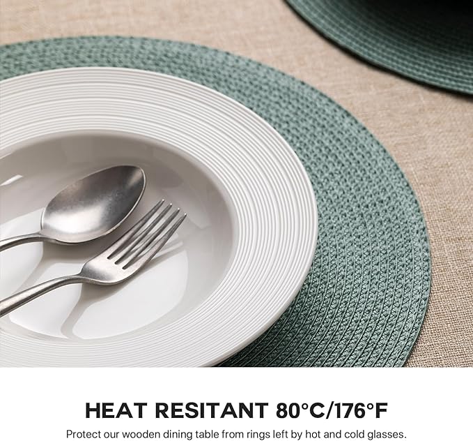 Round Placemats Set of 12 Plastic Woven Placemats Washable Wipeable Table Mats for Dining Table Heat Resistant Non-Slip Circle Place Mats (Dusk Green)