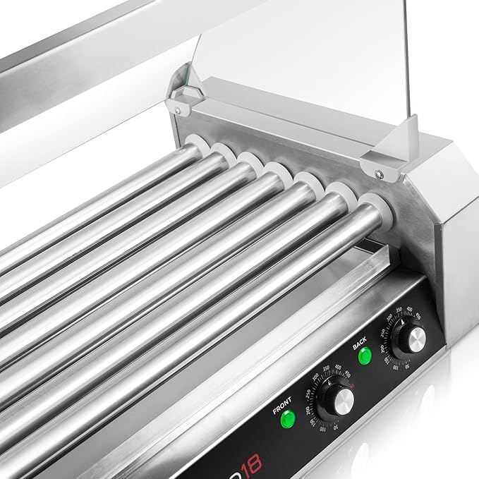 Olde Midway Electric 18 Hot Dog 7 Roller Grill Cooker Machine with Cover 900-Watt - Commercial Grade