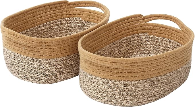 Woven Basket,Small Rope Storage Bin with Handles & Ribbon Bag, Organizer for Shelves Closets,Gift Basket Empty for Birthday,Books,Dog Toys, Jute&Brown/2 Pack