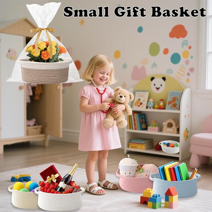 Gift Basket with Gift Bag and Ribbons,Small Rope Woven Shelf Storage,Baskets for Gifts Empty,Birthday,Baby Shower,Decorative Organizer Box with Handles(White&Mixed Brown)