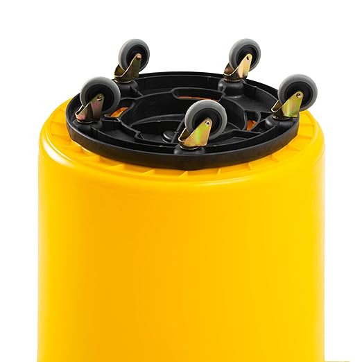 PRO&Family Commercial Round Trash Can with Lid and Dolly Rolling Waste Container, Ingredient Bin, Heavy-Duty Plastic, Anti-Static, Kitchen, Office, Outdoor Use (Yellow, 55 Gallon)