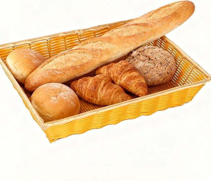 6 Pack Woven Bread Baskets, Stackable Imitation Rattan Wicker Fruit Baskets,Rectangle Wicker Basket for Fruit, Bread, Vegetable, Restaurant, Outdoor, 14x10x3 Inch