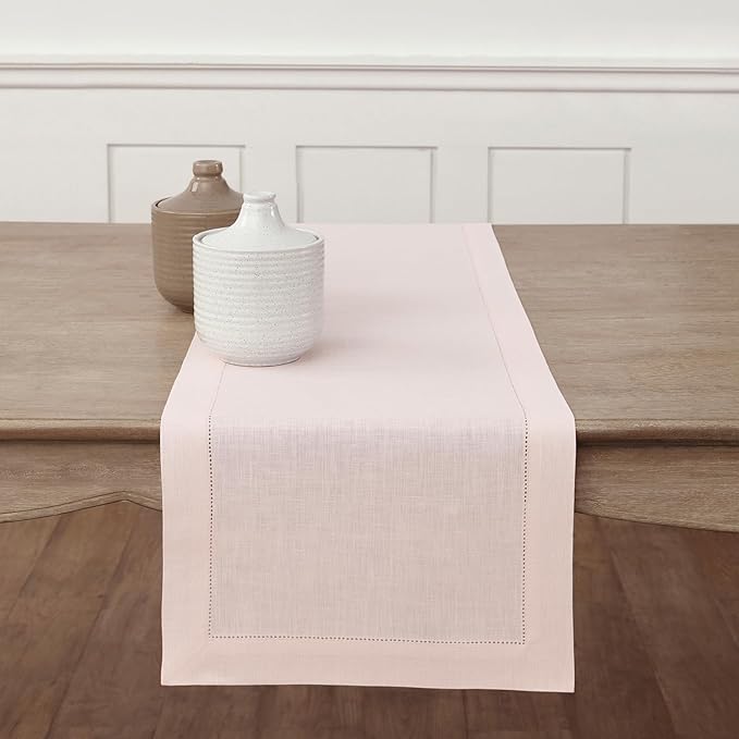 Solino Home Linen Pink Table Runner 120 Inches Long - 100% Pure Linen Hemstitch 14 x 120 Inch Table Runner for Dining, Valentines, Spring, Easter - Classic Hemstitch