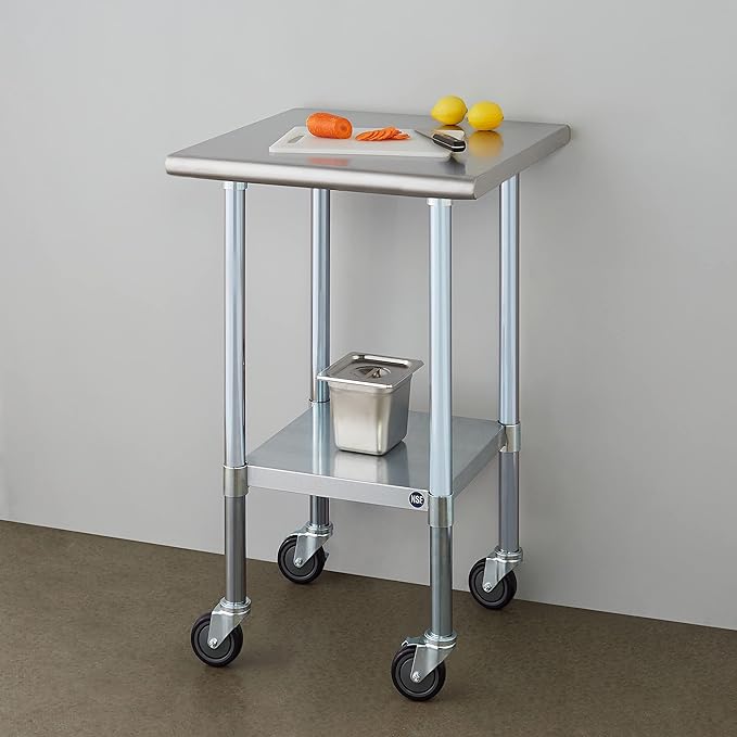ROCKPOINT Stainless Steel Table for Prep & Work with Caster Wheels 24x24 Inches, NSF Metal Commercial Kitchen Heavy Duty Table with Adjustable Under Shelf and Table Foot for Restaurant, Home and Hotel