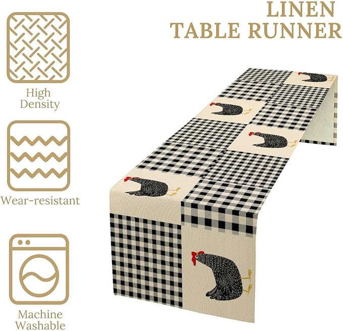Farm Animal Table Runner, Chicken Hen Black White Buffalo Plaid Check Farmhouse Chick Table Runner for Home Kitchen Holiday Dining Party 13x60in