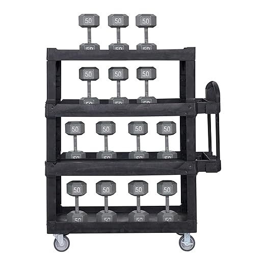 New Rubbermaid Commercial Products 4-Shelf Utility/Service Quad Cart, Heavy Duty Large, Lipped Shelf, Ergonomic Handle, 700 lbs. Capacity, for Warehouse/Garage/Cleaning/Manufacturing (2128657) Black