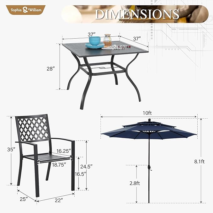 Sophia & William Metal Outdoor Patio Dining Set 6 PCS with 10ft 3 Tier Auto-tilt Umbrella(Navy Blue), 4 x Metal Outdoor Chairs, 1 x Square 37"x 37" Dining Table and 1 Patio Umbrella
