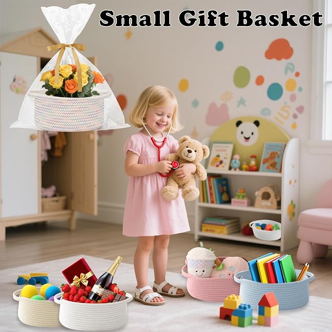 Gift Basket with Gift Bag and Ribbons,Small Rope Woven Shelf Storage,Baskets for Gifts Empty,Birthday,Baby Shower,Decorative Organizer Box with Handles(Colorful Thread)