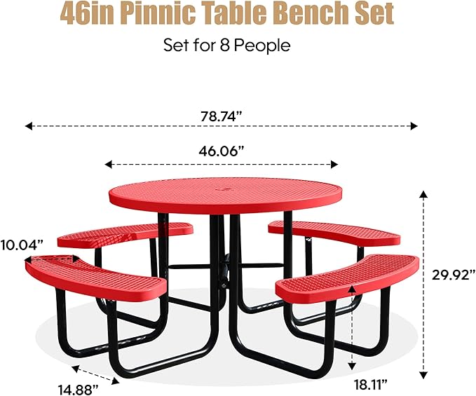 46'' Round Metal Picnic Table for Outdoors, Commercial Steel Metal Picnic Tables, Heavy Duty Sturdy Picnic Tables Furniture Set for Patio Garden Courtyard BBQ, with Umbrella Hole, Red
