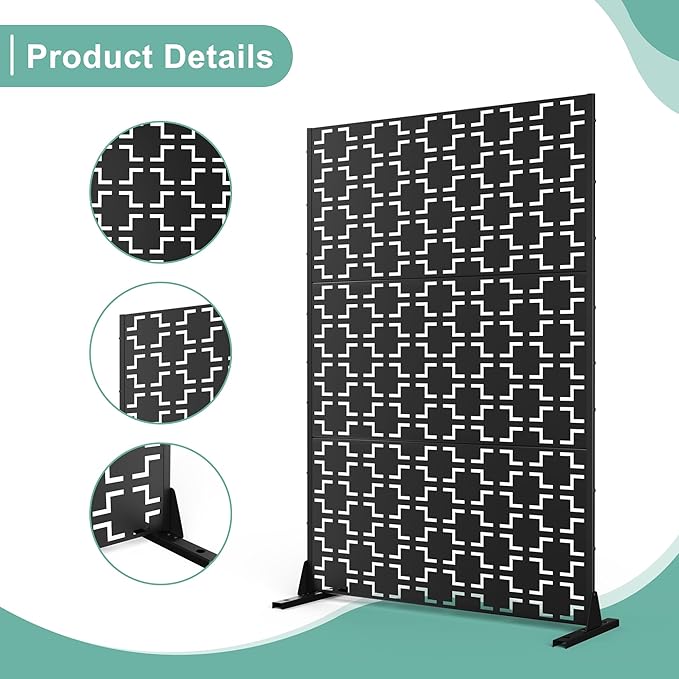 Metal Privacy Screen for Outdoor & Indoor Use, Free Standing Privacy Screen for Patio Garden Pool, 72" H x 47" W Decoative Privacy Panels, Weather Resistant, Easy Assembly (Black Square Floral)