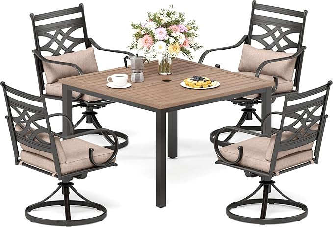 PHI VILLA Outdoor Patio Table, Square Metal Steel Slat Table with 1.57”- 1.9” Adjustable Umbrella Hole, Weather-Resistant Outdoor Dining Table for Garden Deck, 42" x 42" x 28.7", Brown
