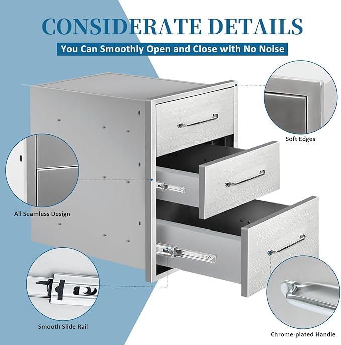 Outdoor Kitchen Drawers 16"Wx21"Hx23"D Flush Mount Access 3-Drawer BBQ Stainless Steel Drawers with Handle for Outdoor Kitchen Island or Grill Station