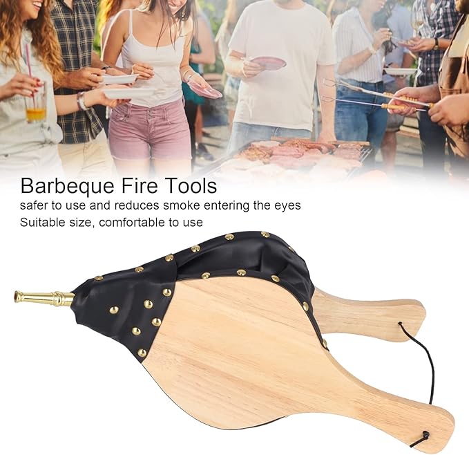 Wood Bellows Blower Fireplace, Wooden Air Blower for Outdoor Cooking, Camping BBQ Grill Chimney Starter, Classic Composite Wood and Leather Design with Strong Hanging Ring, Easy to