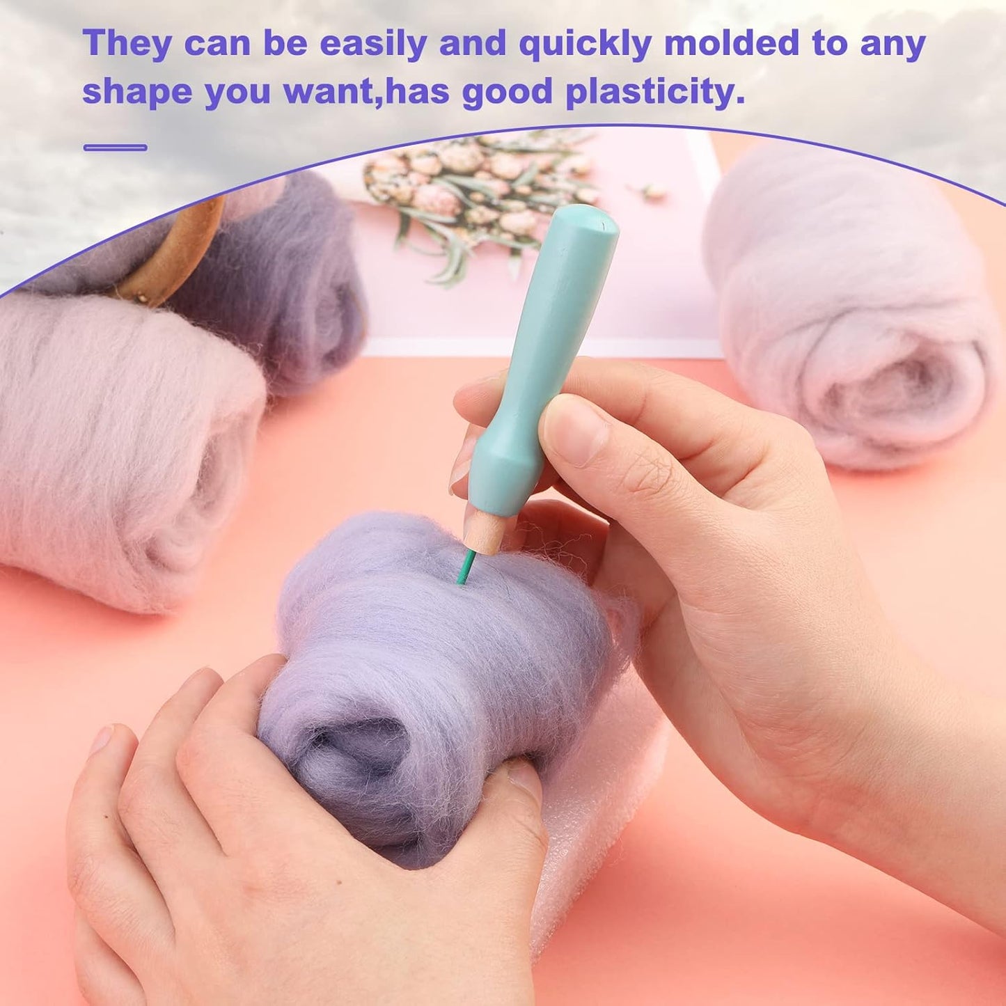 WONVOC Needle Felting Wool 80g, Wool Roving, 8 Colors, Bulk, for DIY Crafts & Felting, 10g/Color, Grey