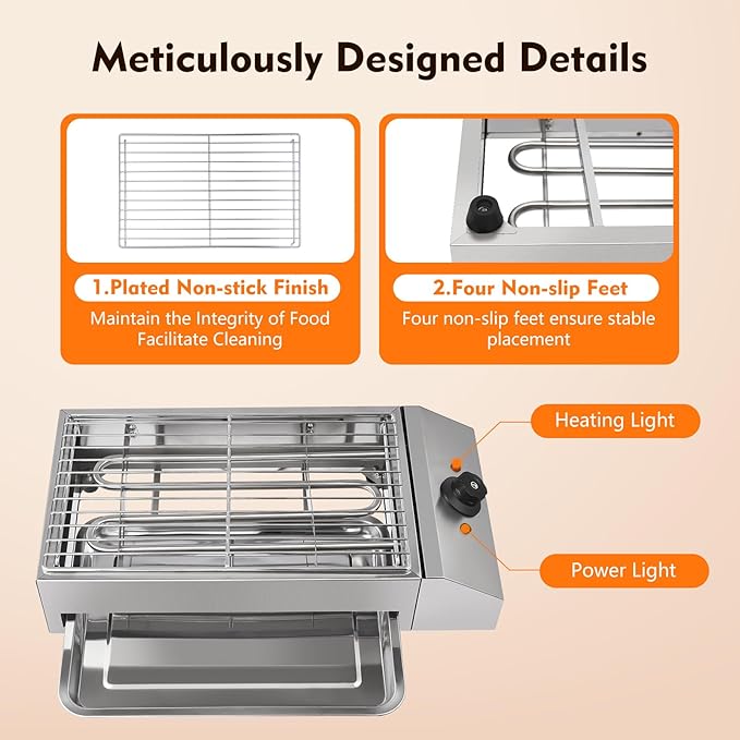 1800W Electric BBQ Grill & Countertop Electric Grill, Smokeless Indoor Outdoor Grill with Stainless Steel Grate & Adjustable Temp, Portable Commercial Grill for Home Kitchen Camping Party Use