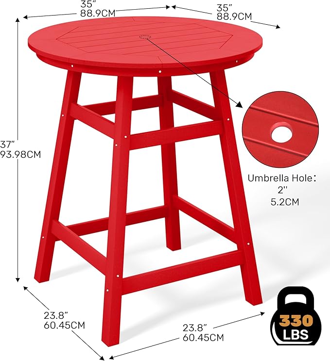 Costaelm Patio Bistro Table, 37" Counter Height Round Patio Cocktail Bar Table with Umbrella Hole, Outdoor Bistro Dining Pub Table for Front Porch Deck Backyard Garden, Red