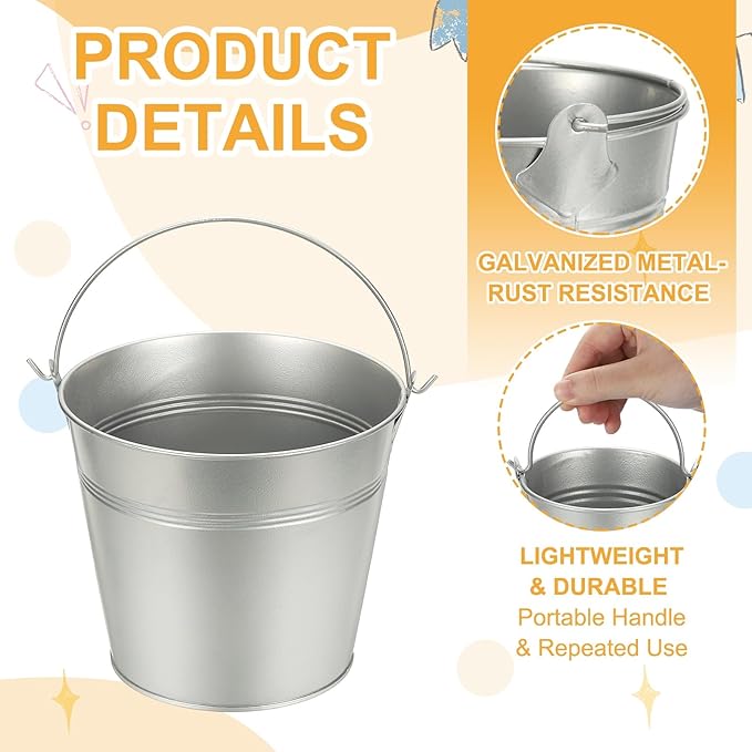 Small Metal Buckets, Mini Buckets with Handle Galvanized Colored Tin Pail Containers Basket Party Supplies - Fit for (Halloween - Classroom Crafts) 5" & 10Pcs & Silver