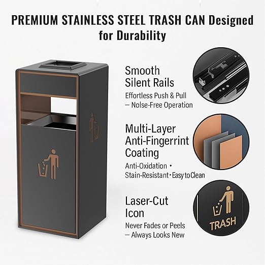 Stainless Steel Commercial Trash Can,Heavy Duty Brushed Finish Garbage Bin, Fingerprint-Resistant Large Indoor Outdoor Trash Can for Office, Hotel Lobby, Conference Hall, 13"x13"x30"