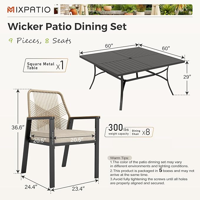 9 Pieces Outdoor Dining Set for 8, Patio Dining Set Wicker Rattan Chairs with Soft Cushion and Square Table with Umbrella Hole, Wicker Patio Table and Chairs for Backyard Porch