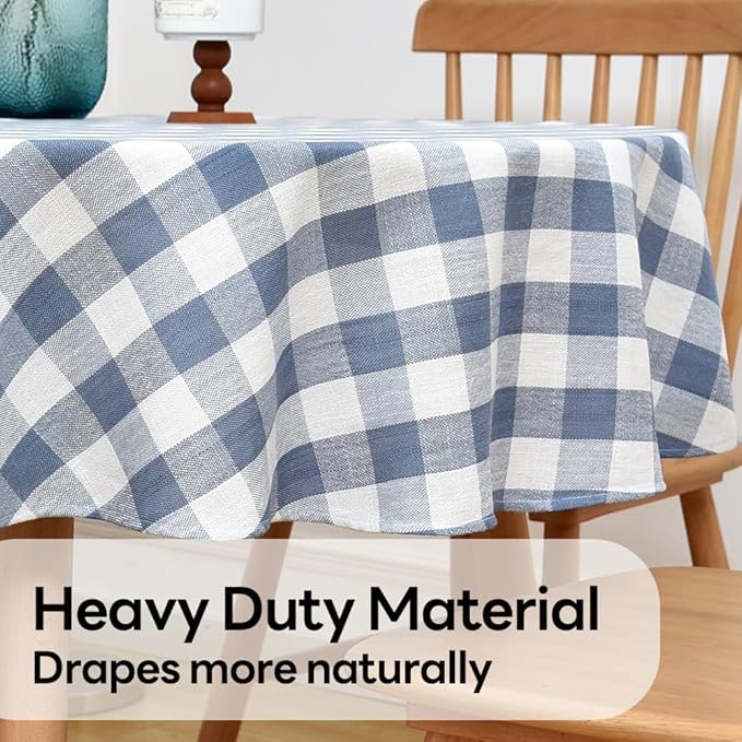 Gingham Round Tablecloth Table Cloth Heavy Duty Cotton Checkered Table Cloth Round Cover for Dining Room(R-Blue, 53 inch Diameter)