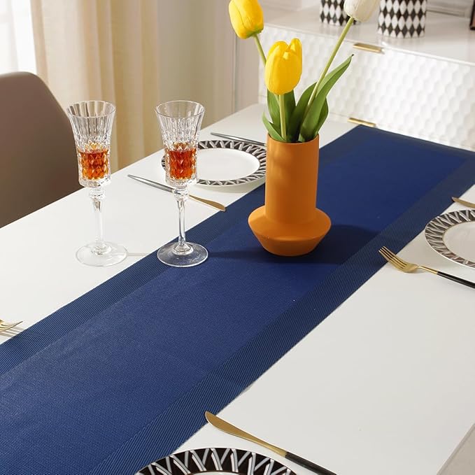 Vinyl Placemats Set of 6 Vinyl Heat-Resistant Table Mats with Matching a Same-Style 72 inches Table Runner(7pcs,Blue)