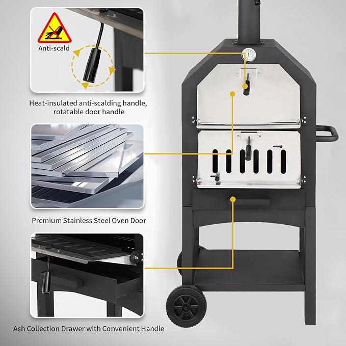 Outdoor Wood Fired Pizza Oven for Backyard and Camping - Portable Patio Pizza Maker with Baking Stone, Peel, Grill Rack and Waterproof Cover