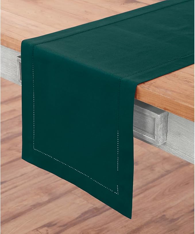 Solino Home Cotton Linen Dark Green Table Runner 108 Inches Long - Hemstitch 14 x 108 Inch Table Runner for Winter, St Patricks Day - Handcrafted and Machine Washable