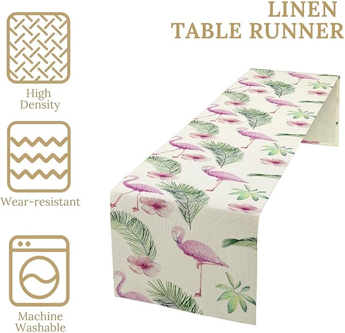 Flamingo Table Runner,Spring Summer Tropical Floral Green Palm Leaves Hawaiian Luau Watercolor Table Center Decor for Family Kitchen Living Room Farmhouse Party Table Decorations, 13"x108"