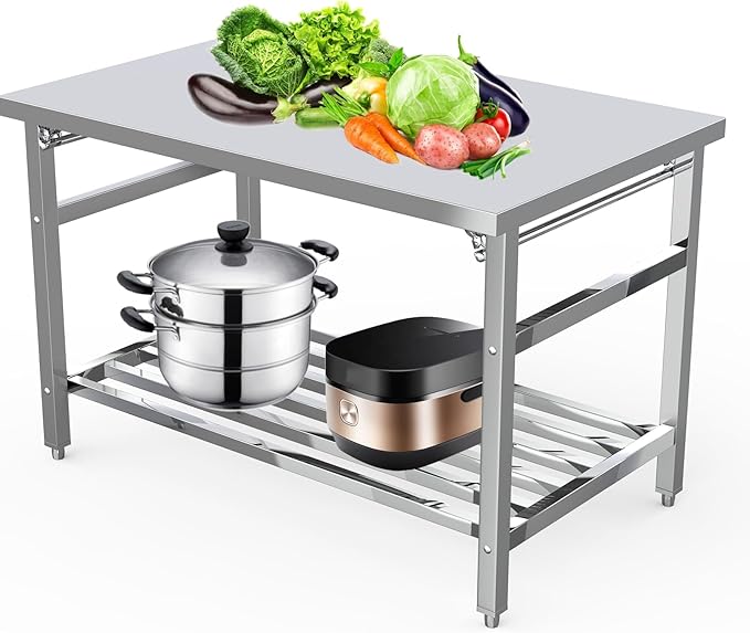 48''x24'' Stainless Steel Folding Preparation Table with Adjustable Undershelf, NSF Commercial Heavy-Duty Workbench, for Kitchen, Hotel, Home, Outdoor Cooking Table