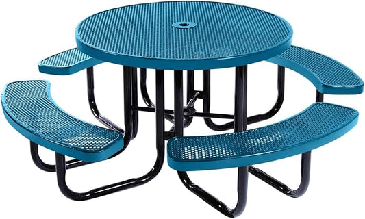 COATEDOUTDOORFURNITURE Heavy-Duty Portable Outdoor Picnic Table with Umbrella Hole, Punched Steel Commercial-Grade Patio Dining Furniture Made in America (46" Round Top, Light Blue)