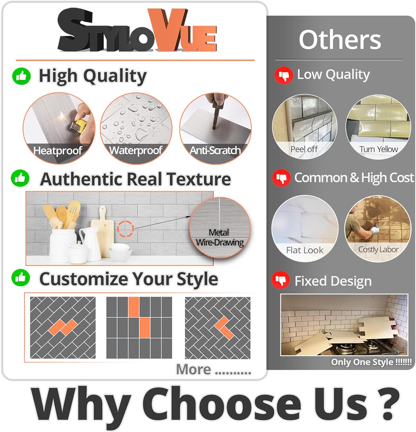 100 Pieces Peel and Stick Backsplash for Kitchen, 3" x 6" PVC Subway Tile Upgraded Brushed Stainless Backsplash Stick on Tile Elevate Kitchen, Bathroom, Fireplace,RV