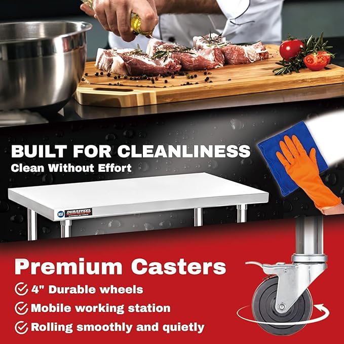 DuraSteel 30x12 NSF Stainless Steel Cart Work Table - Heavy Duty Rolling Food Prep Table - Metal Utility Cart on Wheels Caster, Grill Stand Microwave Outdoor Kitchen Tables Countertop Island Top Vevor