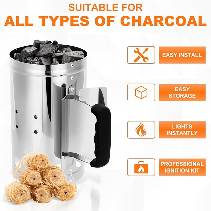 Charcoal Chimney Starter, BBQ Grill Quick Rapid Fire Starter Chimney for Outdoor Barbecue Cooking Camping, Sturdy and Easy to Use, Stainless Steel（10.62" x 6.3"）