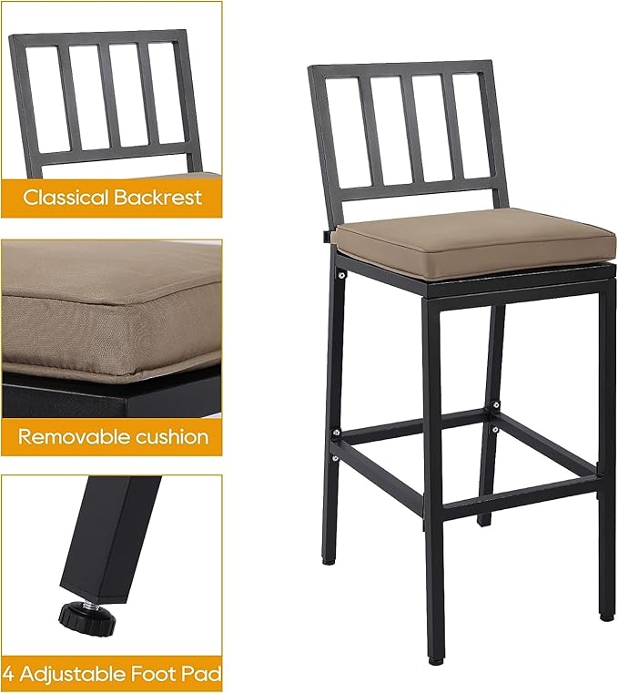 Outdoor Patio Bar Set, Bar Height Patio Dining Set, Weather-Resistant Bistro Counter Pub Set with Cushions & Slatted Tabletop for Backyard