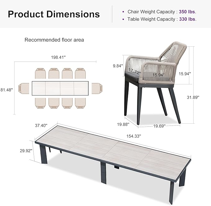 PURPLE LEAF 11 Pieces Patio Dining Set Aluminum Modern Oversize Rectangular Table and Rattan Arm Chairs with Cushions for Kitchen Porch Garden Outdoor Furniture Sets, Beige and Dark Grey
