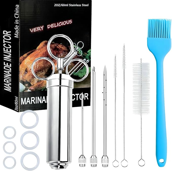 304-Stainless Steel Meat Injector Syringe Kit with 3 Marinade Needles for BBQ Grill Smoker, Turkey, Beef, Brisket, Fish, 2-oz Large Capacity, Silicone Brush and Cleaning Brush