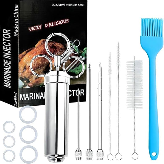 304-Stainless Steel Meat Injector Syringe Kit with 3 Marinade Needles for BBQ Grill Smoker, Turkey, Beef, Brisket, Fish, 2-oz Large Capacity, Silicone Brush and Cleaning Brush
