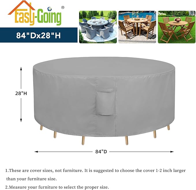 Easy-Going Round Patio Furniture Cover Waterproof Outdoor Dining Table and Chair Cover Anti-UV Outside Sectional Sofa Set Covers (84"DIA x 28"H, Grey)