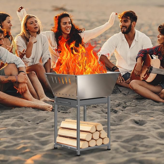 Stainless Steel Inch Square Wood Fire Pit with Grill, 2-in-1 Outdoor Firepit with Ash Pan and Wood Storage, Portable for Backyard, Patio, Camping Use