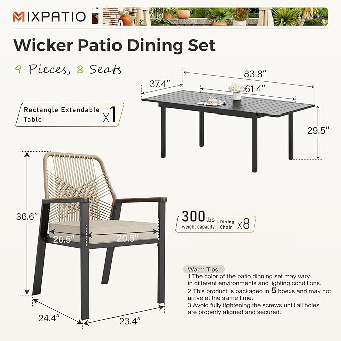 9 Pieces Outdoor Dining Set for 8, Patio Dining Set Wicker Rattan Chairs with Soft Cushion and Extendable Rectangular Table, Wicker Patio Table and Chairs for Backyard Porch