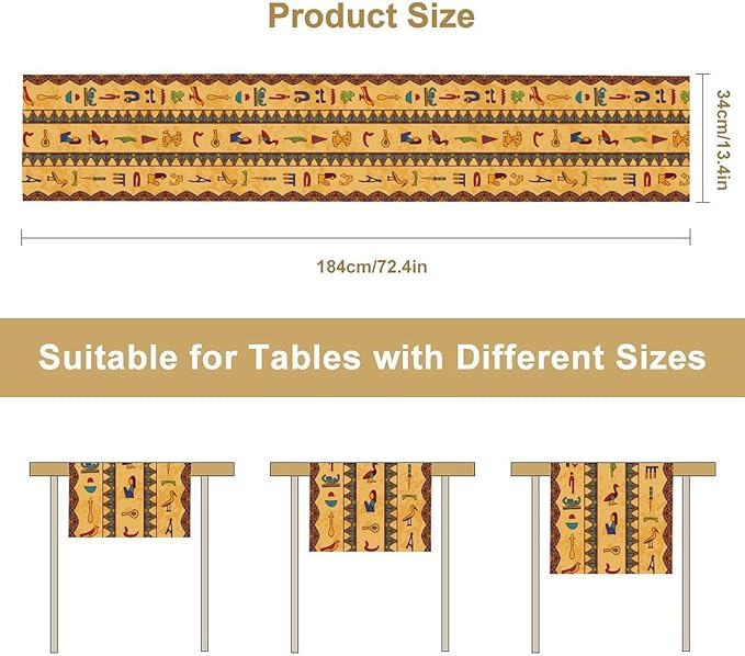 Egyptian Table Runner, Colorful Ancient Egyptian Hieroglyphs Floral Geometric Table Runner for Kitchen Family Dining Holiday Party Farmhouse 13x70in