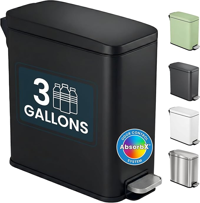 iTouchless SoftStep 3 Gallon (11.4L) Slim Bathroom Trash Can with Lid, Matte Black Stainless Steel Fingerprint-Proof, Silent Soft-Close Pedal, AbsorbX Odor Filter, Removable Bucket Dorm Bedroom Office