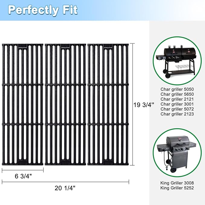 Adviace Grill Replacement Parts for Char Griller 5050, 5650, 2121, 3001, 5072, 2123, 2828, 3030, King Griller 3008, 5252, Cast Iron Grill Grates, Stainless Steel Heat Plate Shields, Burners, Ignitors.