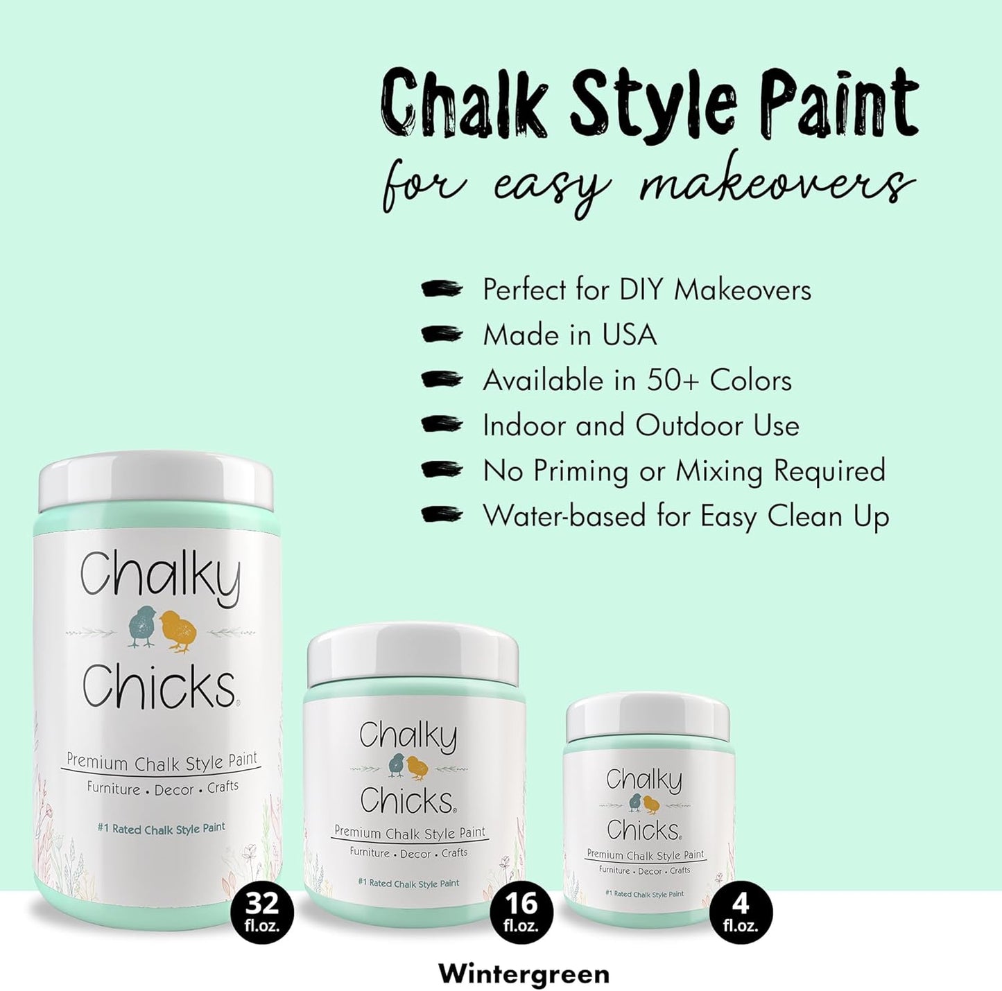 Chalky Chicks All-in-One Chalk Paint for Furniture or Cabinet - 16 Fl Oz - Matte Finish Wintergreen (Mint) for Metal, Wood Furniture Paint - No Sanding All-in-One for Home Decor & Crafts, USA Made