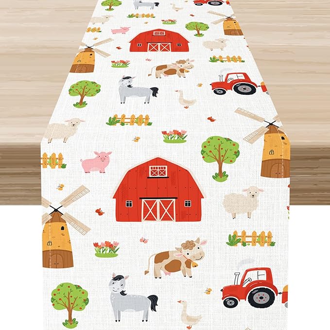 Farm Animals Table Runner, Rustic Farmhouse Cow Pig Rooster Watercolor Coffee Table Center Decor for Home Kitchen Dining Patio Holiday Party Indoor Outdoor Table Decorations, 13"x108" Inch