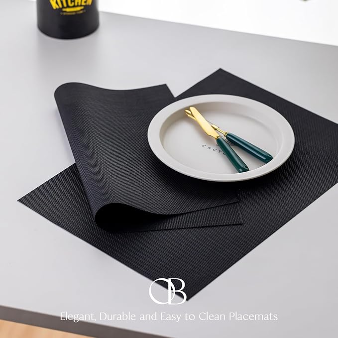 Placemats Set of 8 - Easy Clean Woven Vinyl Placemats for Dining Table, Indoor/Outdoor Place Mats, Washable PVC Table Mats（Black）