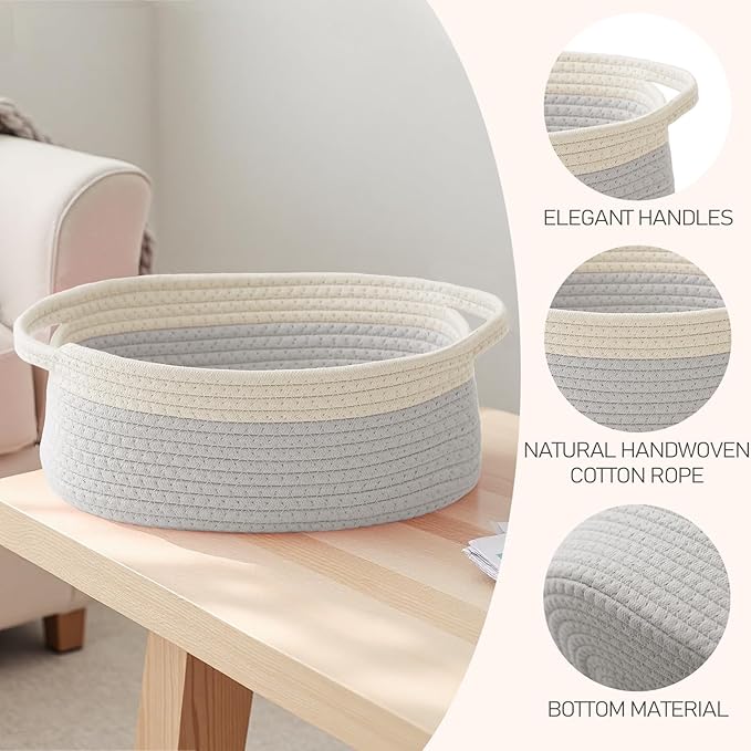 Woven Basket,Small Rope Storage Bin with Handles & Ribbon Bag, Organizer for Shelves Closets,Gift Basket Empty for Birthday,Books,Dog Toys, White&Grey/2 Pack