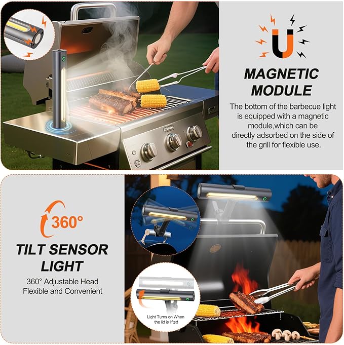 Rechargeable 360° BBQ Grill Light for Outdoor Grilling with Magnetic, IPX5 Waterproof, 2-Level Brightness, USB-C Charging, Portable Grill Accessories, Grilling Gift for Men, Dad, Grill Lights